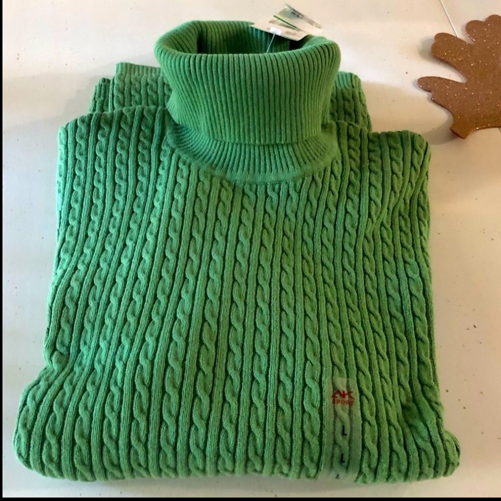 NEW Women’s Cotton Green Cable knit Braids, Turtleneck Sweater L  XL